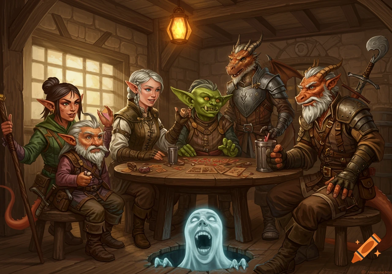 Fantasy adventurers play cards in a tavern as a ghost emerges from the floor.