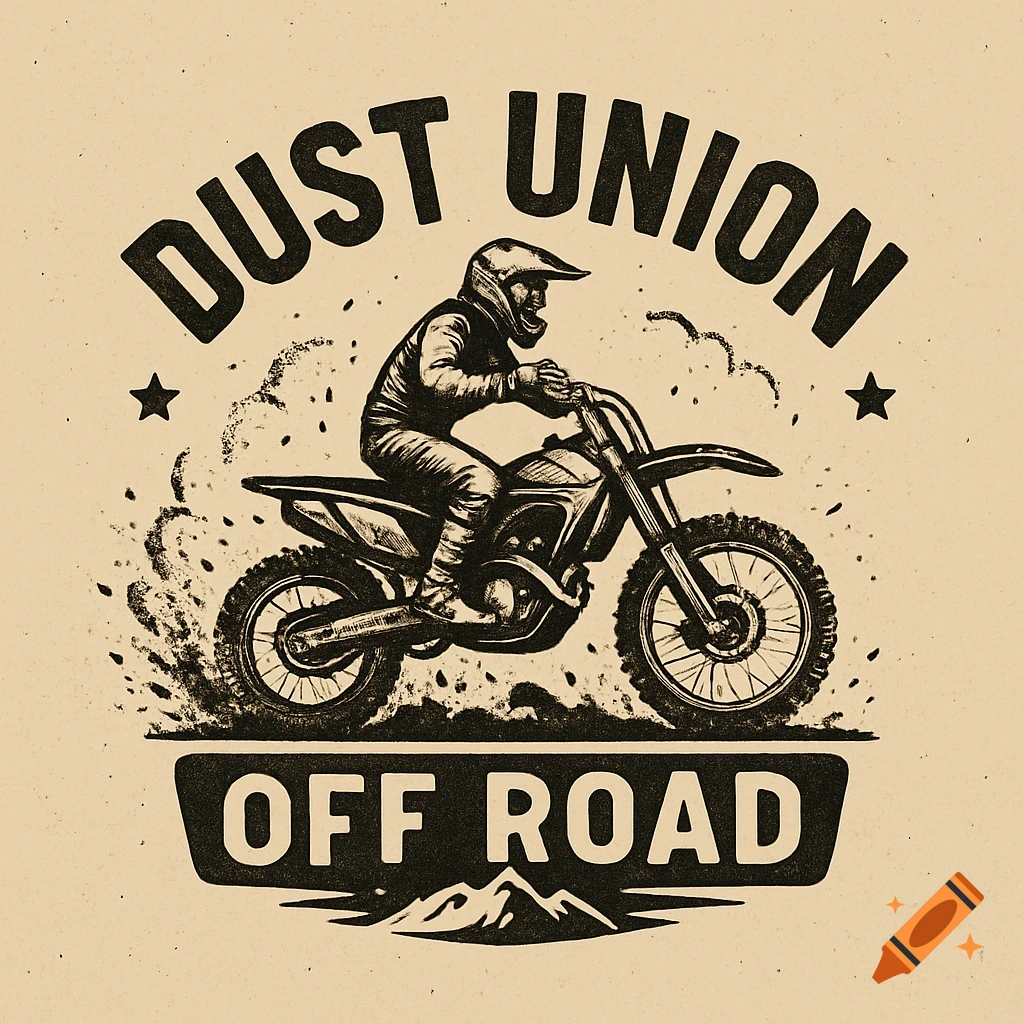 Graphic illustration of a dirt bike rider kicking up dust, with 'DUST UNION OFF ROAD' text.