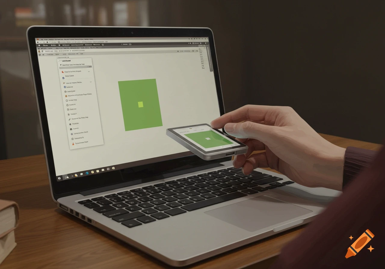 A hand holds a small device in front of a laptop screen displaying a green square.