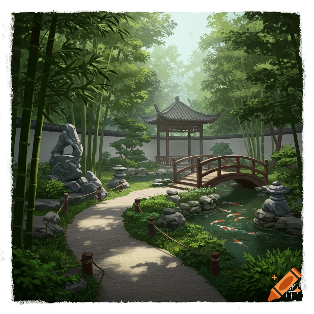A tranquil Asian garden scene with a path, koi pond, arched bridge, pavilion, and bamboo trees.