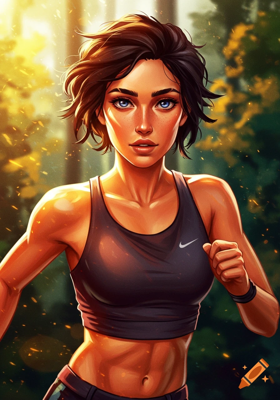 Illustration of a woman running outdoors in a sports bra.