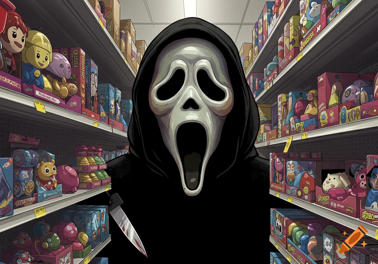 Illustration of Ghostface from Scream standing in a toy aisle with a bloody knife.