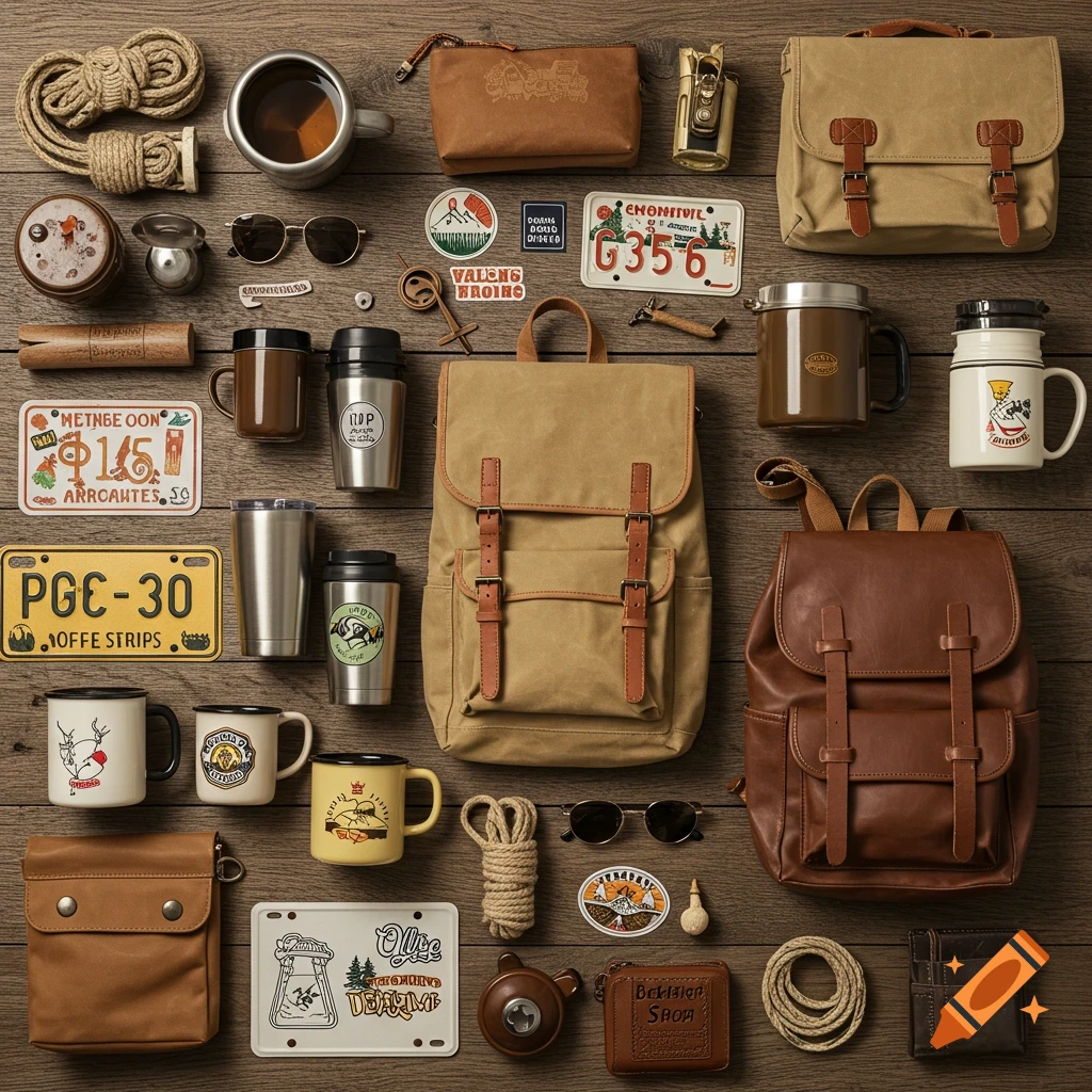 Flat lay of vintage camping accessories on a wooden surface
