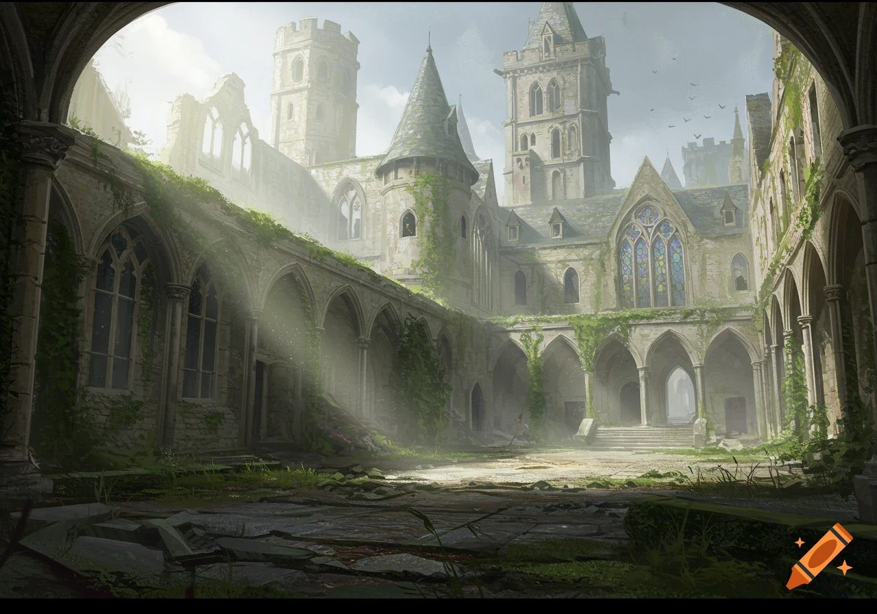 Ruined medieval Gothic courtyard overgrown with plants, sunlight filtering through arches.