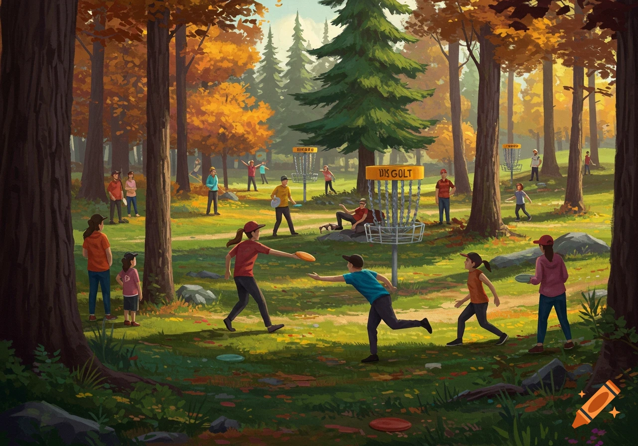 People play disc golf in a colorful autumn forest.