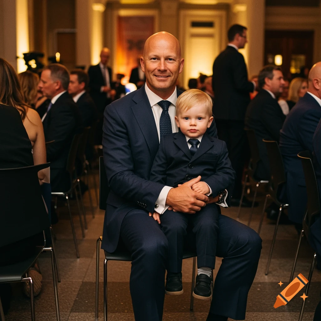 A man in a suit holds a child on his lap while sitting in a chair at a formal event.