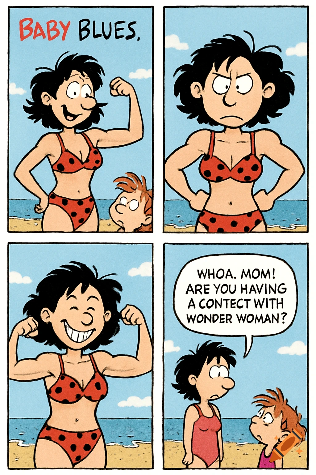 Four-panel cartoon comic strip of a mother flexing in a bikini on the beach, asked by her child if she's having a contest with Wonder Woman.