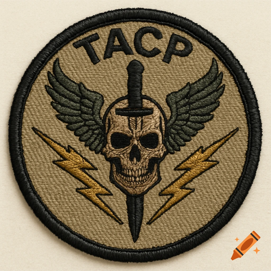 A circular embroidered patch featuring a skull with wings and lightning bolts, and the text TACP above the skull.