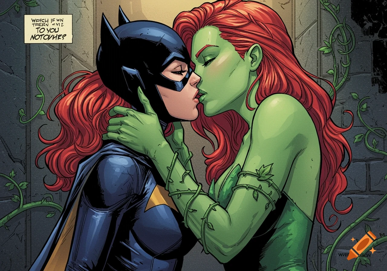 Batgirl and Poison Ivy kiss in a comic book style.