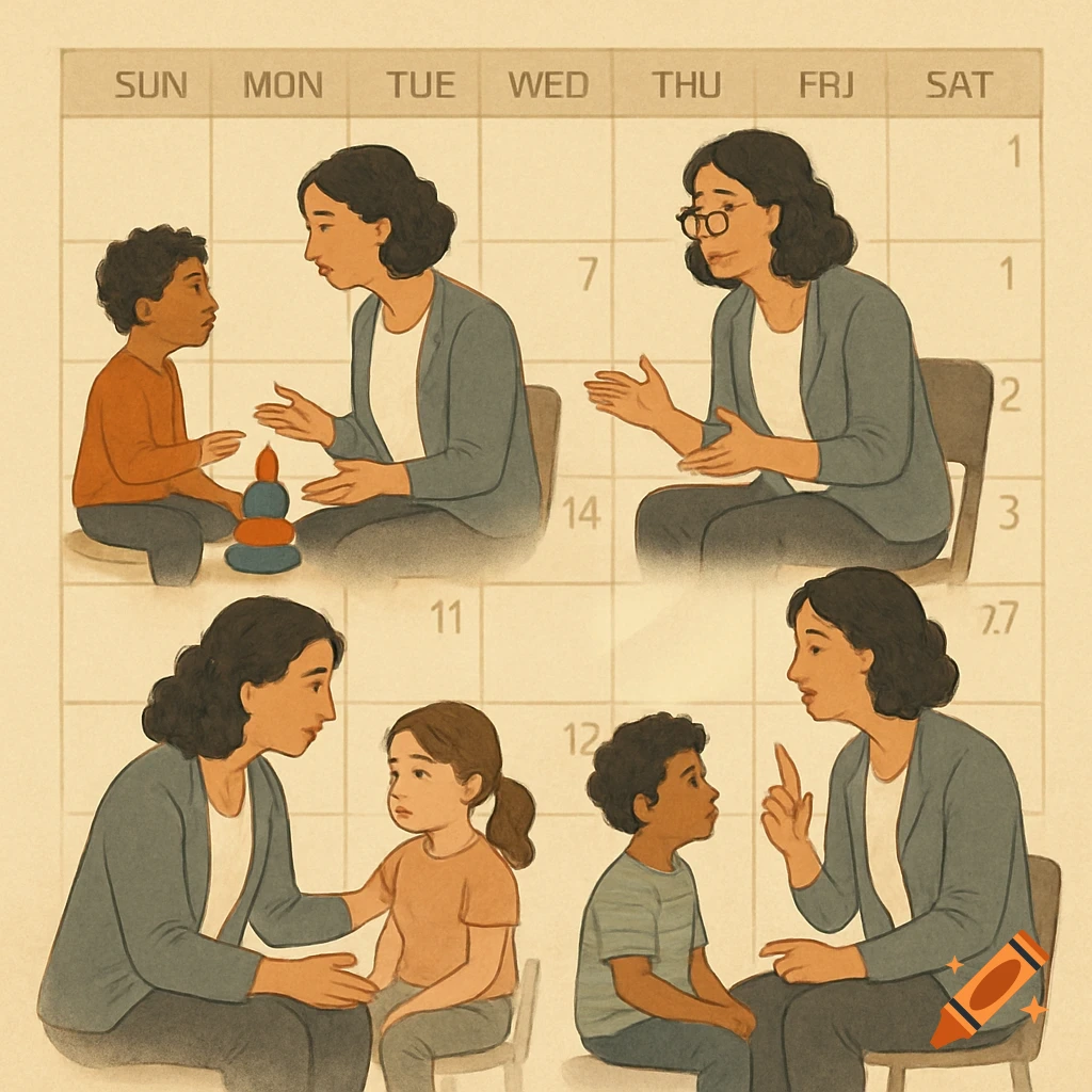 Illustration of a therapist working with children, overlaid on a calendar.