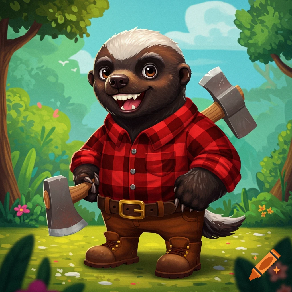 A cartoon honey badger wearing a lumberjack outfit stands in a forest with two axes.