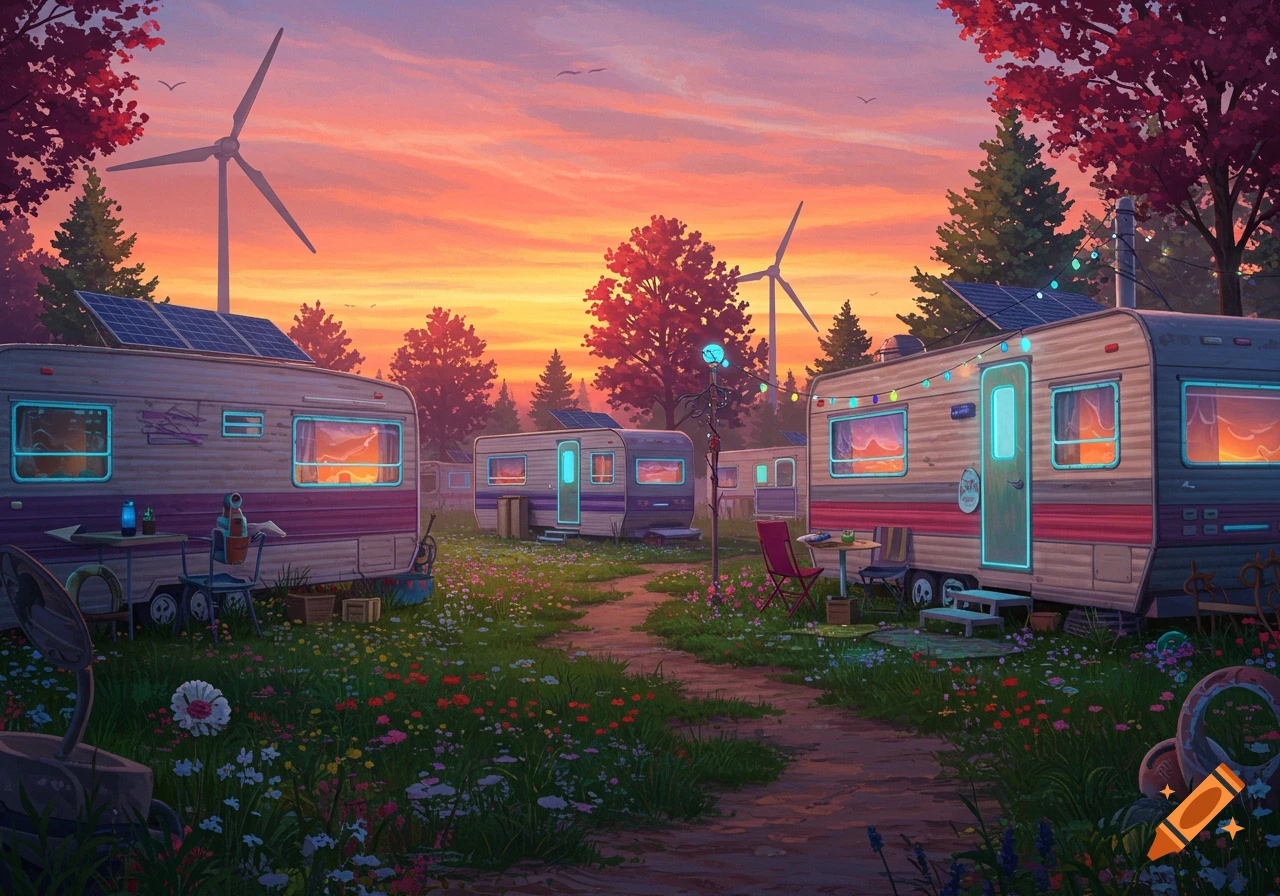 A colorful solarpunk trailer park scene at sunset with solar panels and wind turbines.