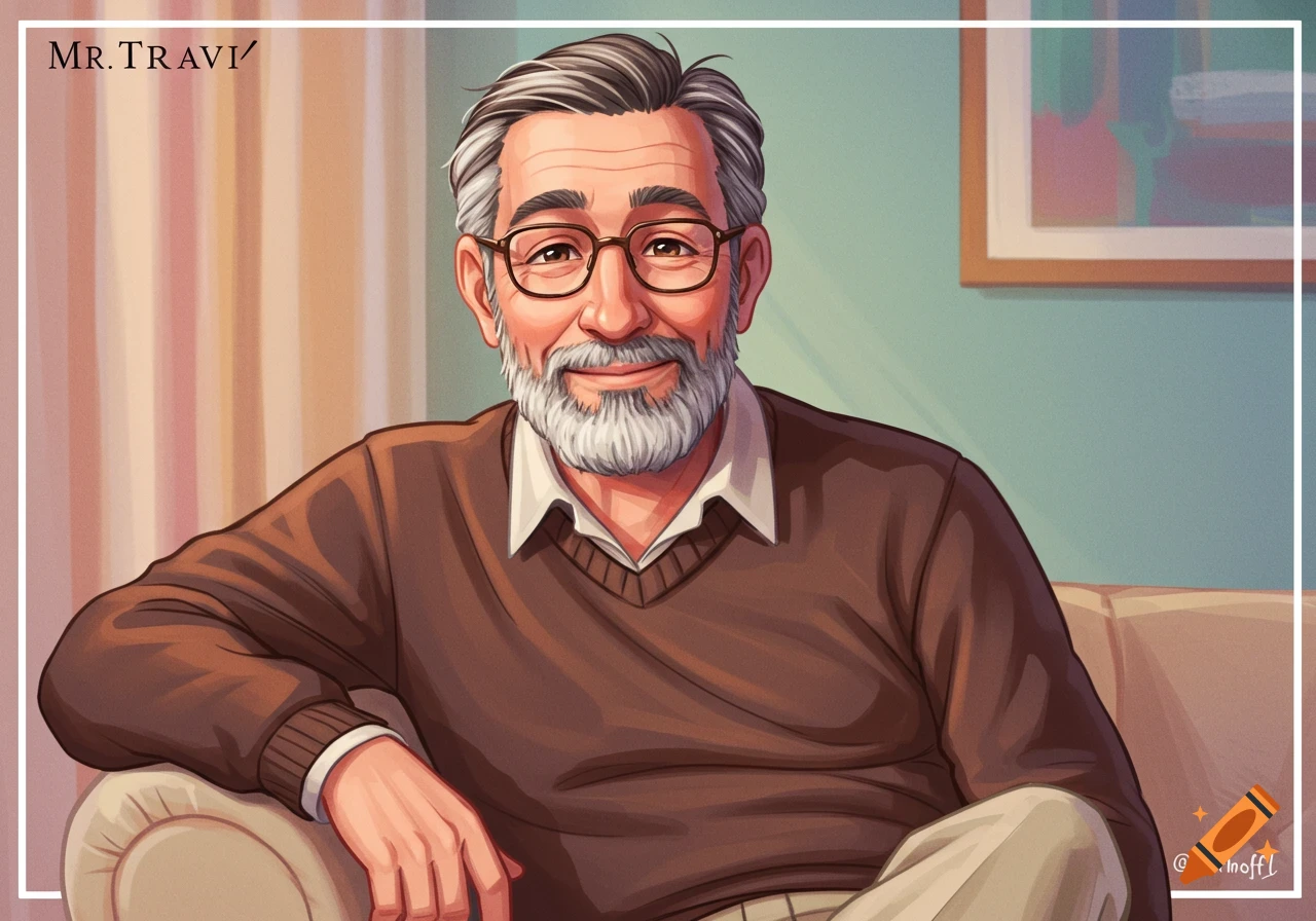 Illustration of an older man with a grey beard and glasses, wearing a brown sweater, sitting on a couch.