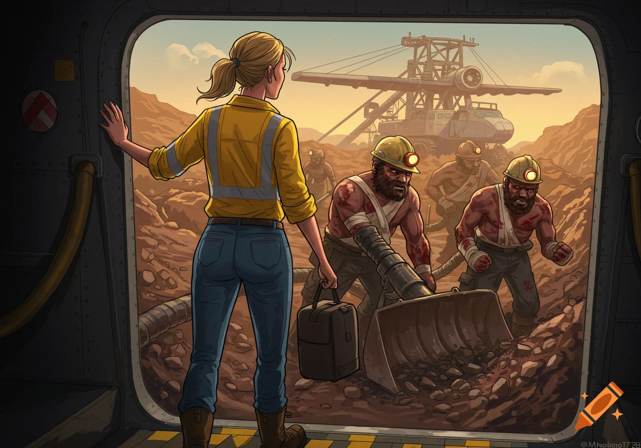 A woman in work clothes looks back at rough-looking miners working with a large machine in an industrial, rocky landscape, in an illustration style.