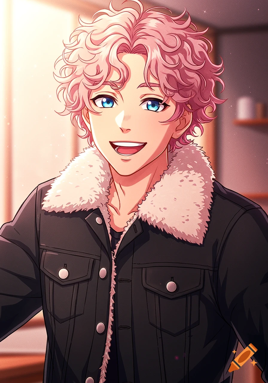 Anime portrait of a smiling young man with pink curly hair and blue eyes, wearing a fur-lined jacket.