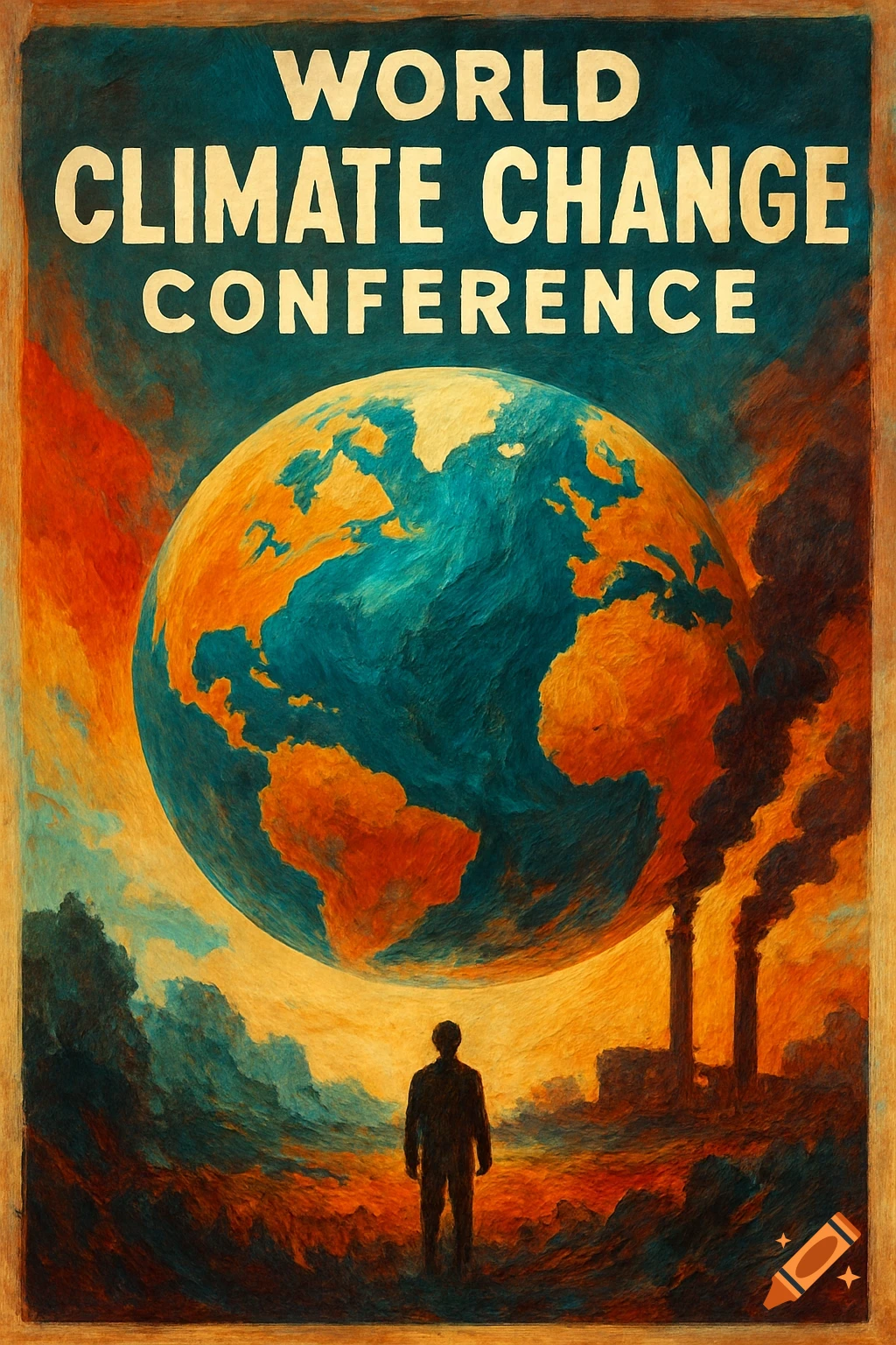 A poster for a world climate change conference shows the Earth, a person, and factory stacks in a dramatic, painterly style.