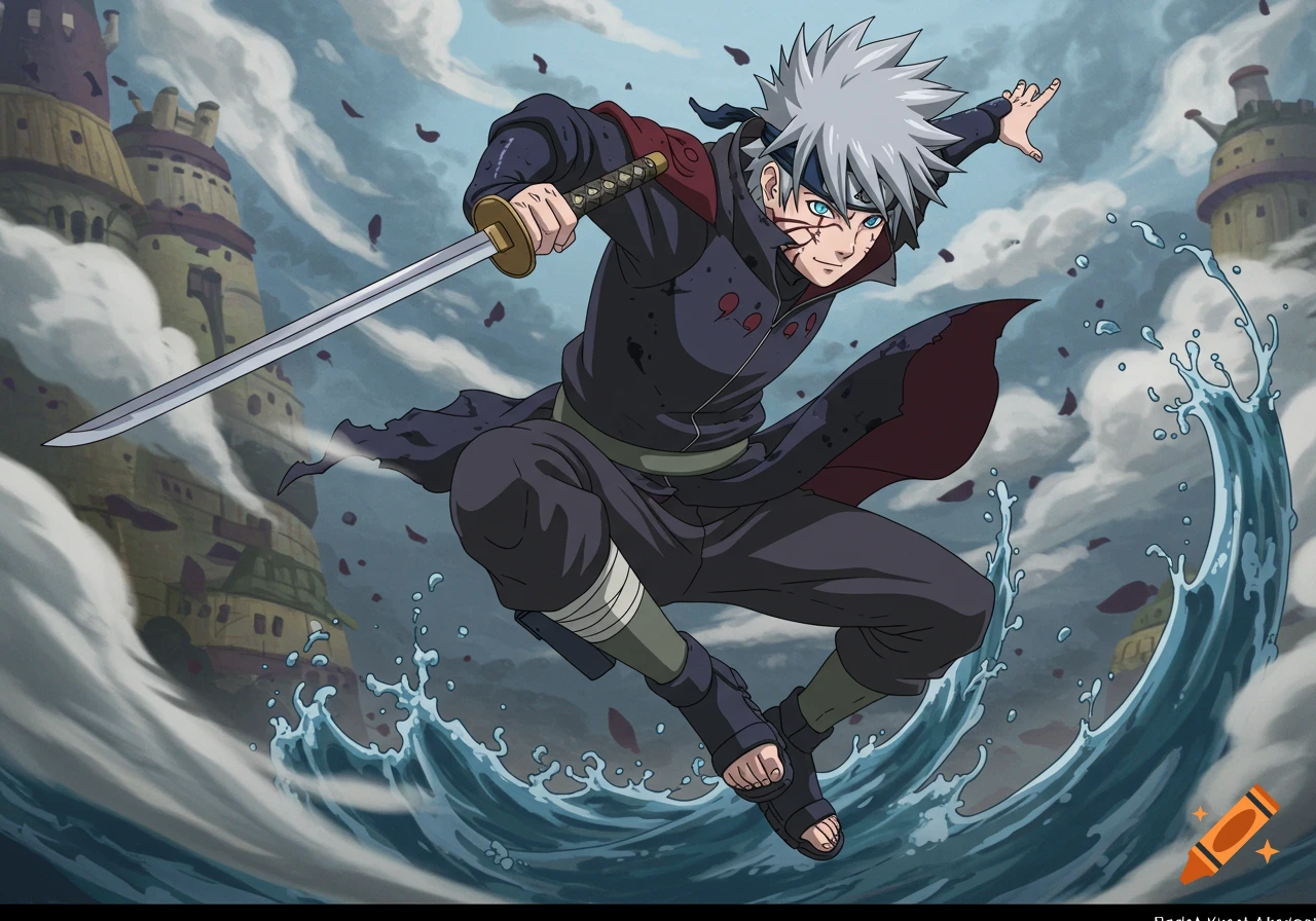 Naruto-style anime ninja with gray hair, blue eyes, and sword over water