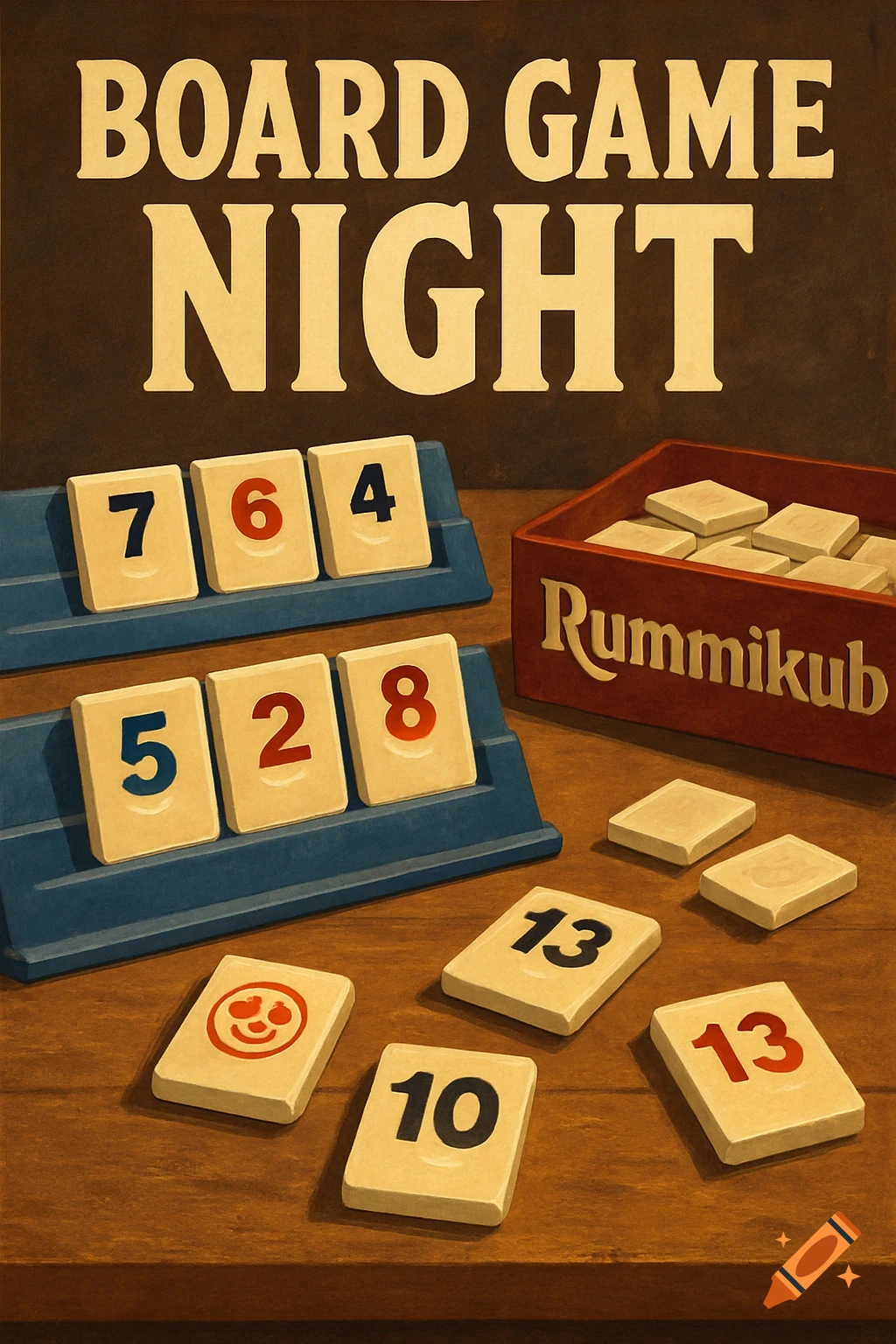 Retro-style advertisement for Board Game Night featuring a Rummikub game setup on a wooden table.