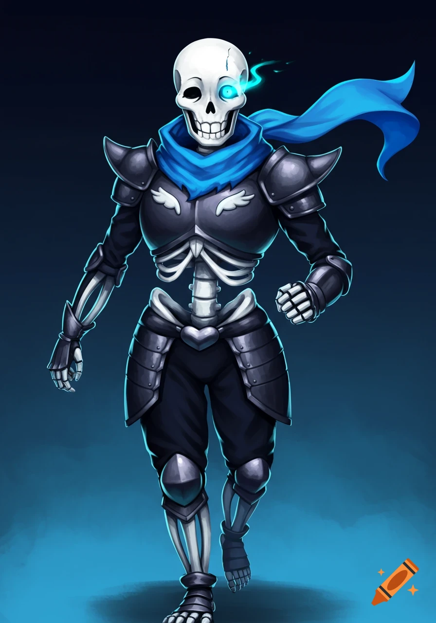 Cartoon illustration of a skeleton character in black armor and blue scarf with a glowing blue eye.