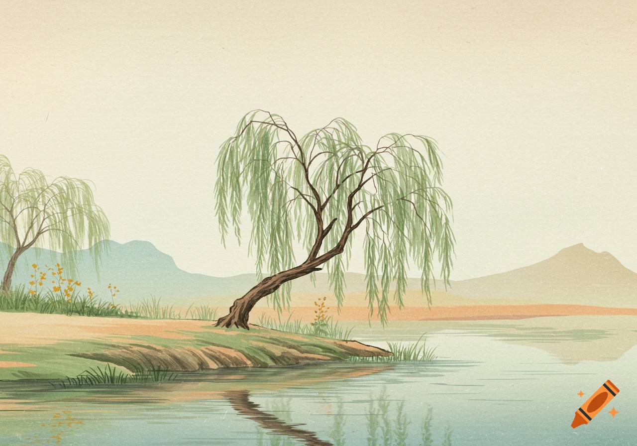 A willow tree beside a river in a vintage Japanese painting style.