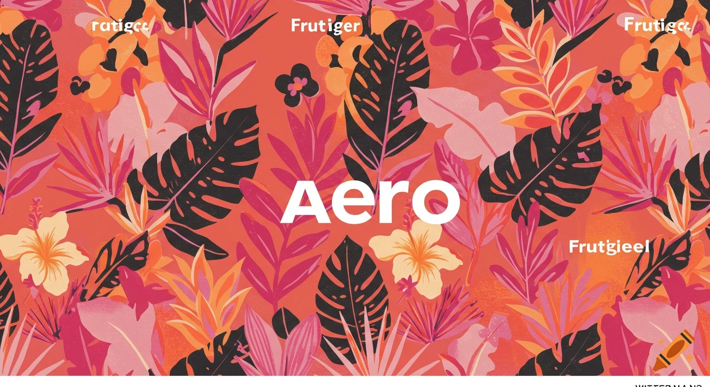 Tropical wallpaper pattern with red, orange, pink, and black leaves and flowers, featuring the large white text "Aero" and smaller text "Frutiger".