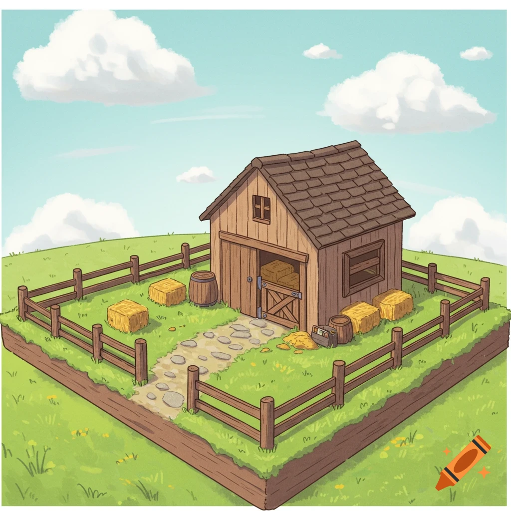 Cartoon illustration of a miniature barn with a fence, hay bales, and stone path on a grassy hill under a cloudy sky.