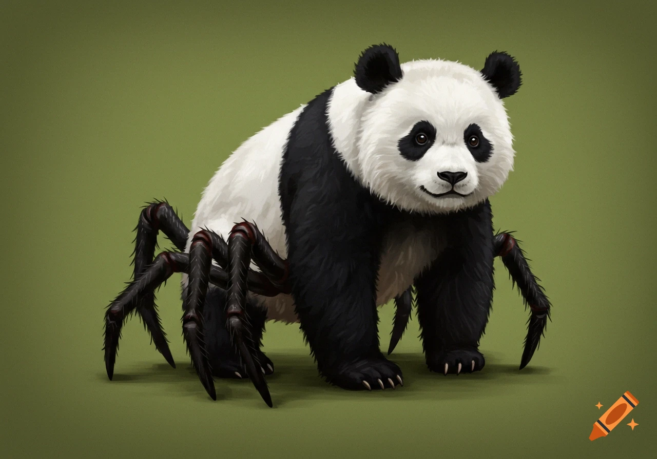 A panda bear with black spider legs stands on an olive green background.