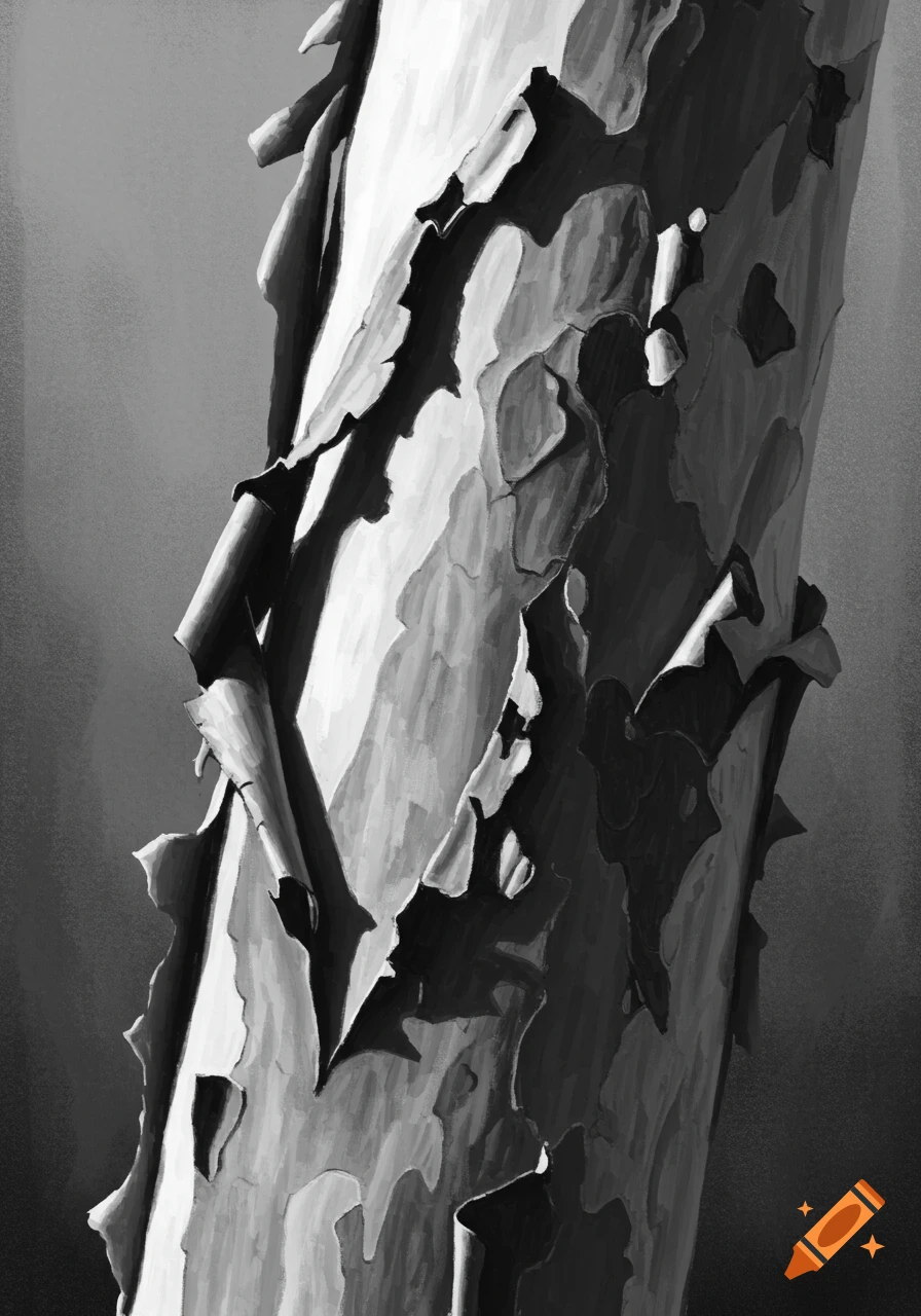 Black and white illustration of peeling tree bark.