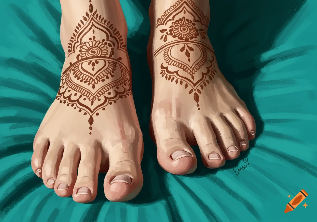 Two feet with intricate henna patterns on a teal background, digital painting.