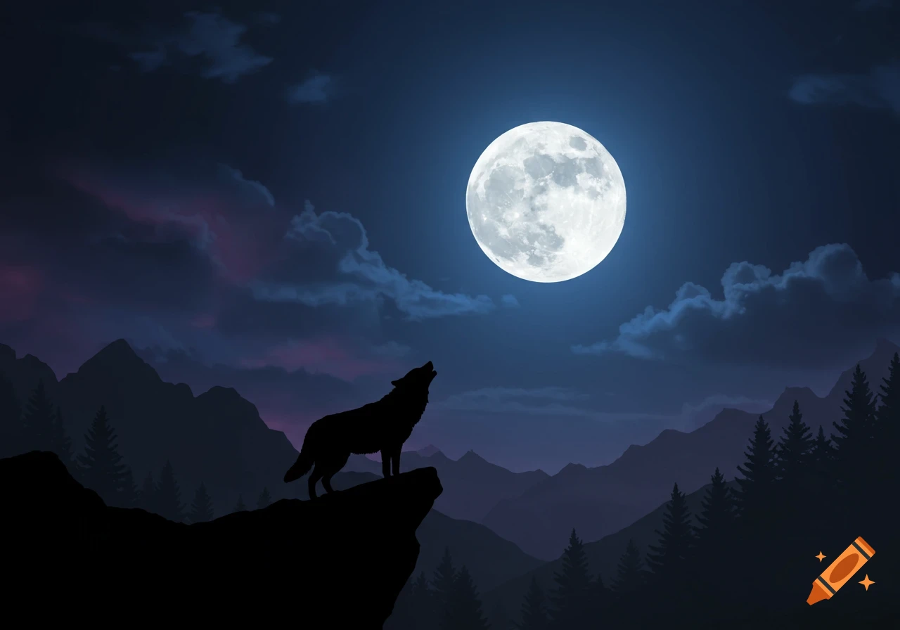 Silhouette of a wolf howling at a large full moon over mountains.