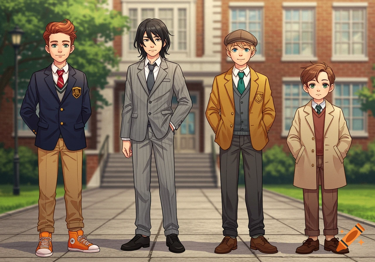 Four anime boys in school uniforms stand outside a brick school building.