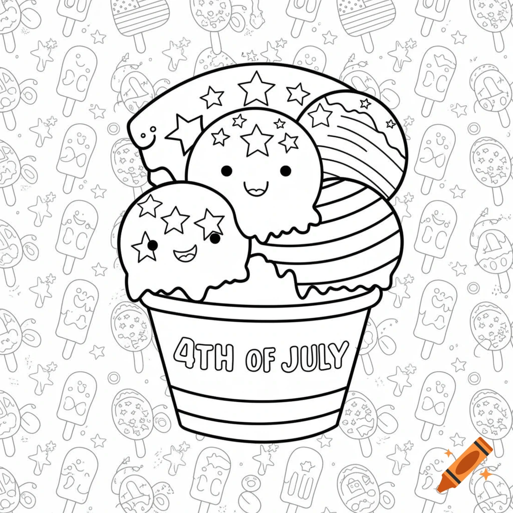 Black and white 4th of July coloring page with kawaii ice cream in a bucket and patriotic popsicles in the background.