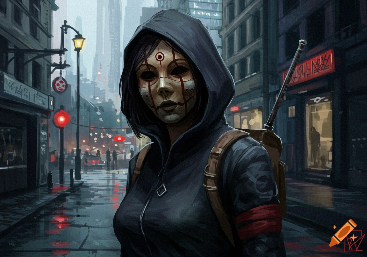 A hooded figure in a mask stands on a rainy city street at night.