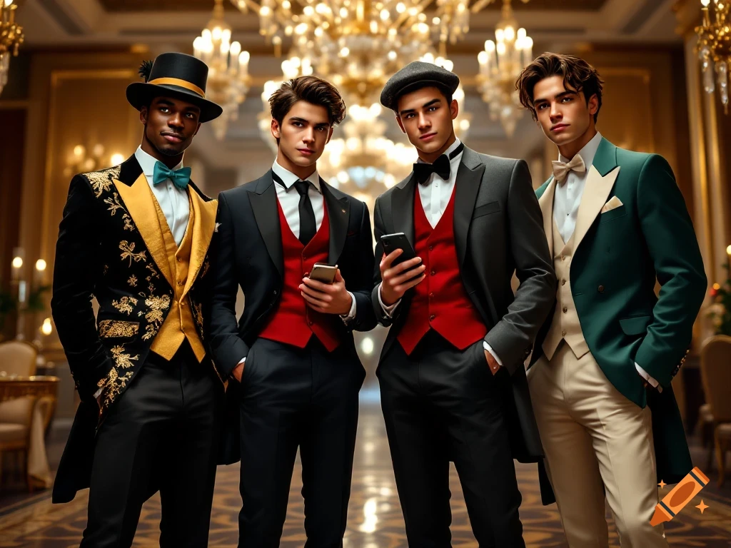 Four men in formal wear posing in a grand ballroom with chandeliers.