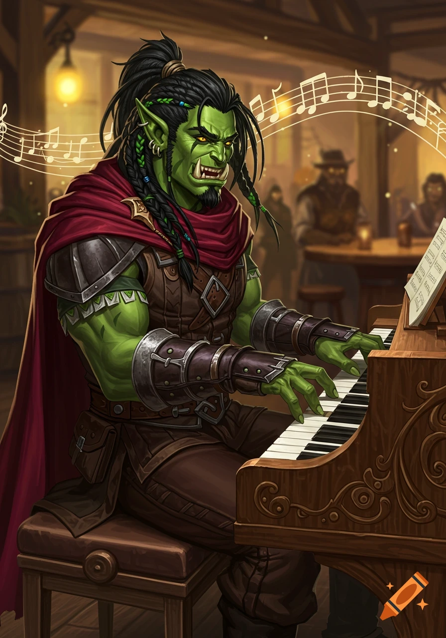 A green-skinned fantasy orc bard plays a piano in a dimly lit tavern.