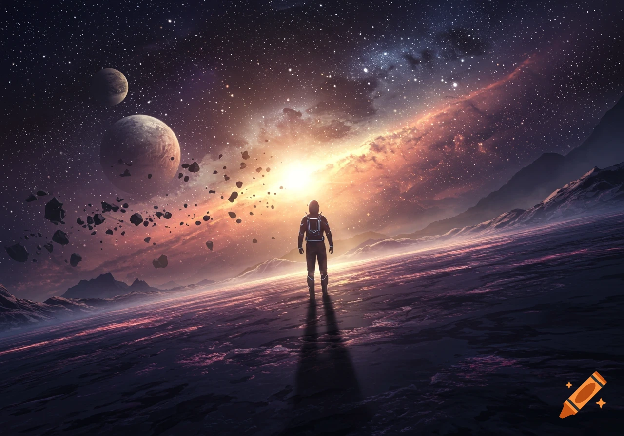 Astronaut stands on a planet looking at a colorful nebula, stars, planets, and asteroids in space.