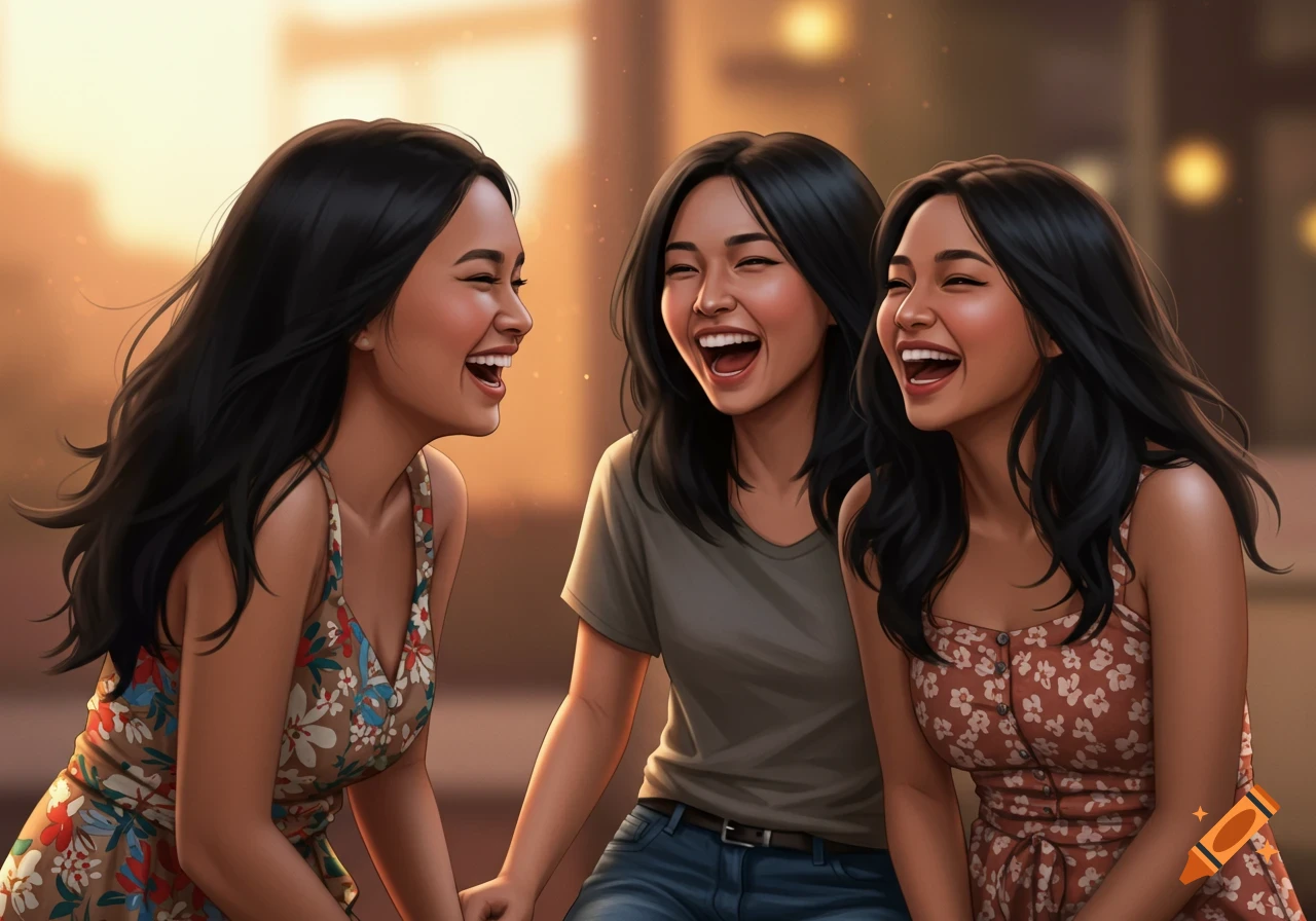 Three animated women with dark hair laugh together.