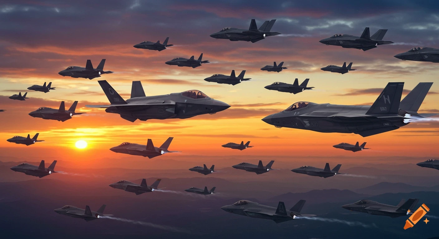 A large swarm of F-35 fighter jets fly through a dramatic orange and purple sunset sky.