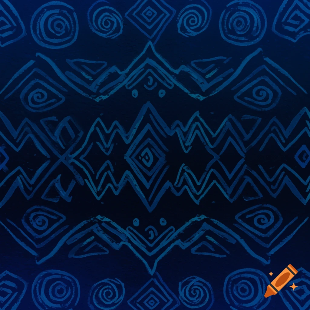 An abstract African pattern with blue lines on a dark blue background.