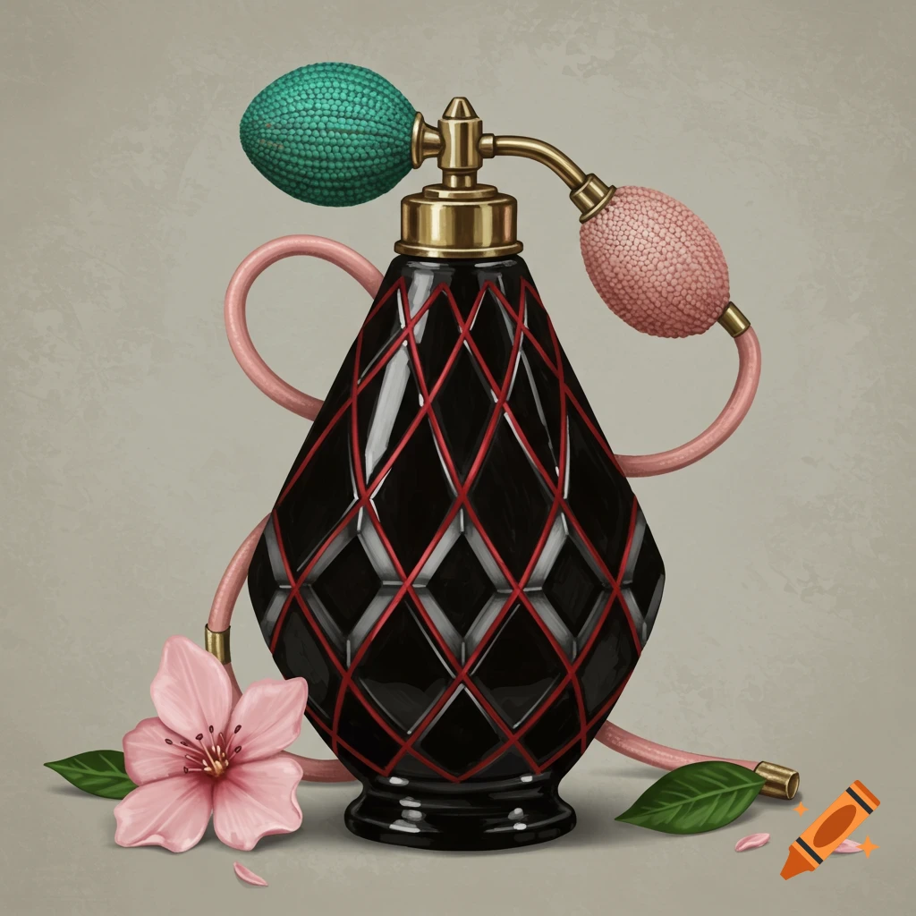 Still life of a vintage black and red perfume bottle with pink and green atomizers and a pink flower.