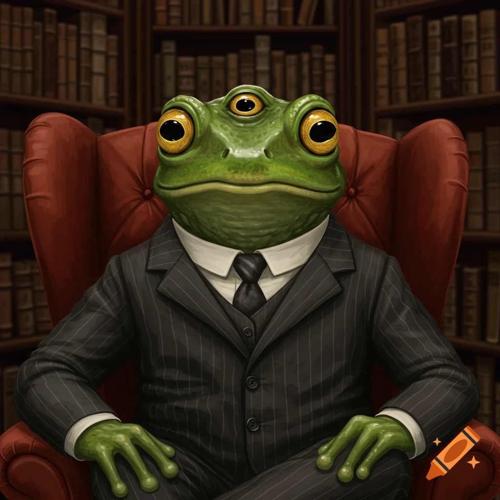 Illustration of a three-eyed green frog in a suit sitting in a red ...