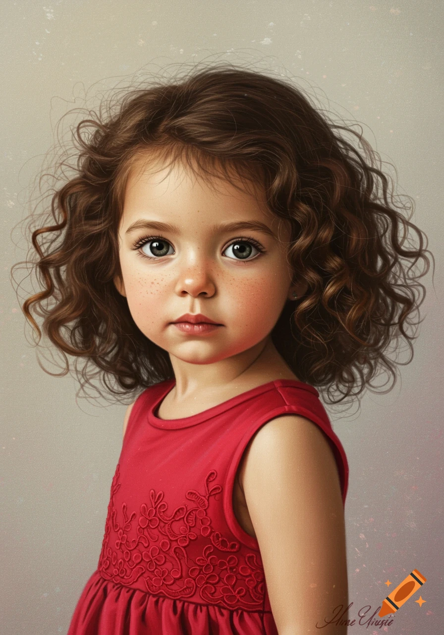 Portrait of a young girl with curly brown hair, freckles, and large eyes, wearing a red dress.