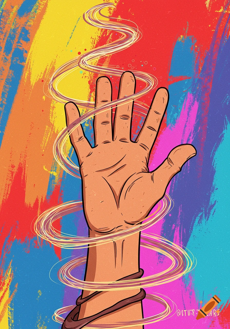Cartoon illustration of a hand reaching up with swirling lines around it against a colorful brushstroke background.