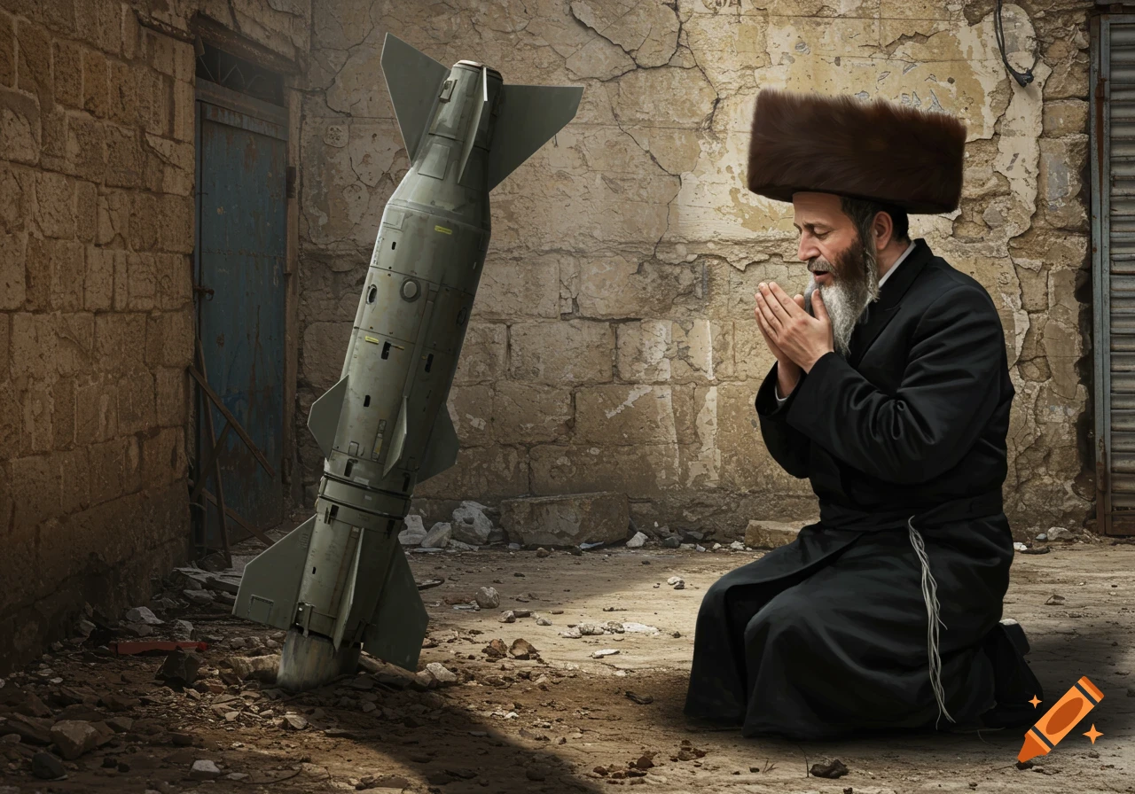 A man in religious attire kneels praying next to a large missile half-buried in the ground in a ruined area.
