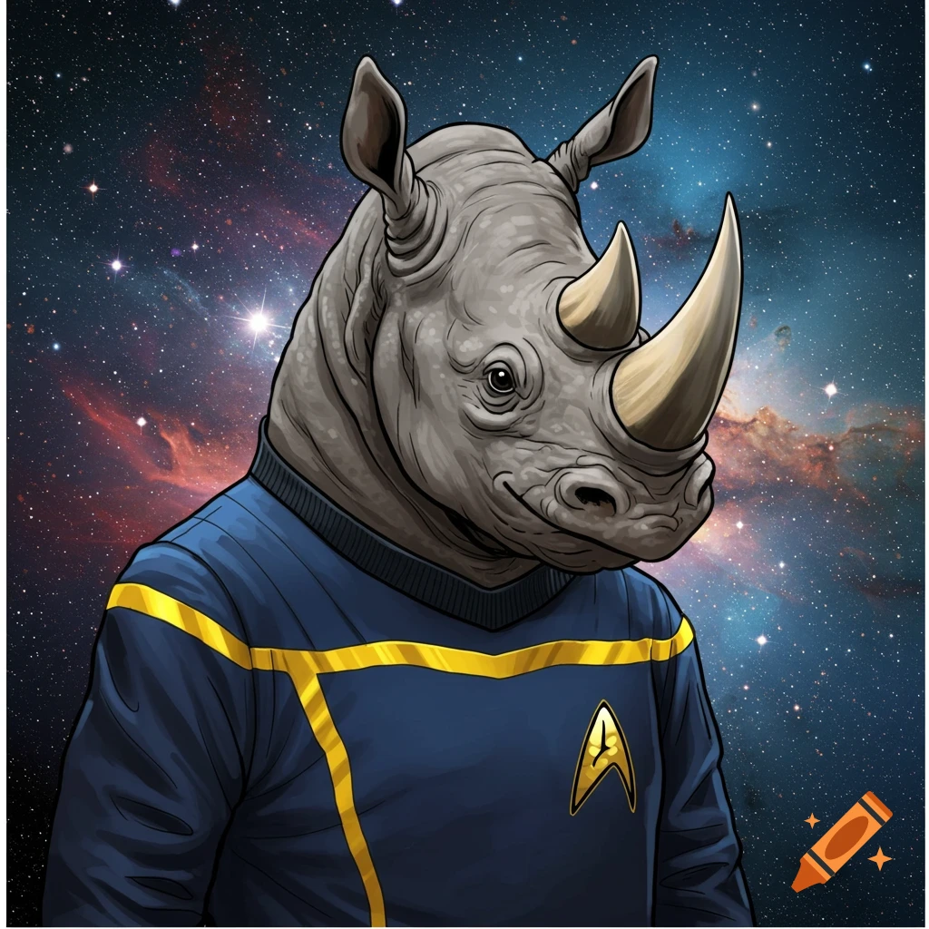 A stylized illustration of a rhinoceros wearing a blue Star Trek uniform in space.
