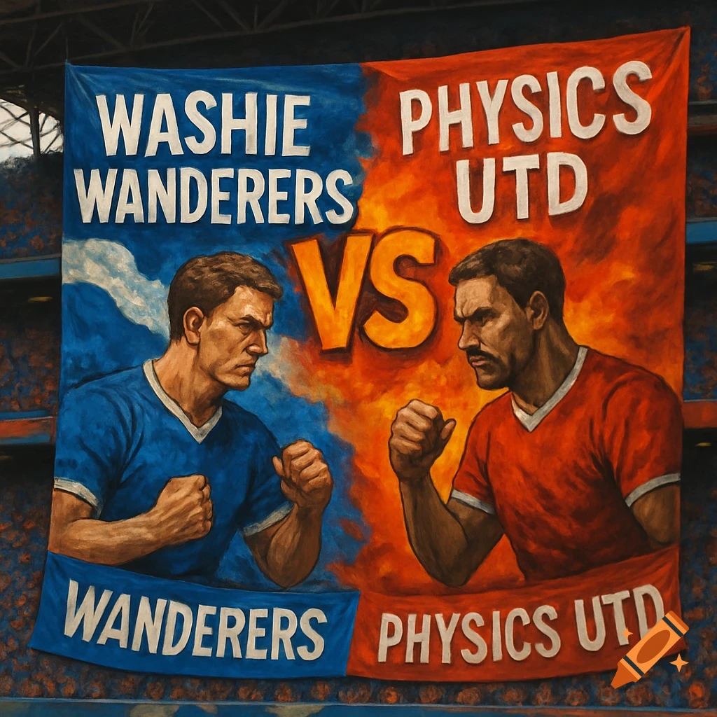 Painted banner in a stadium showing Washie Wanderers vs Physics Utd with two men and team names.