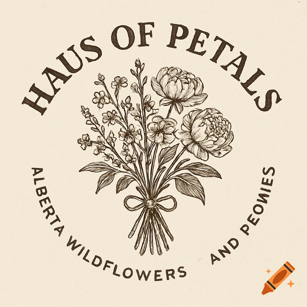 Vintage logo with a bouquet of wildflowers and peonies and text reading "Haus of Petals Alberta Wildflowers and Peonies".
