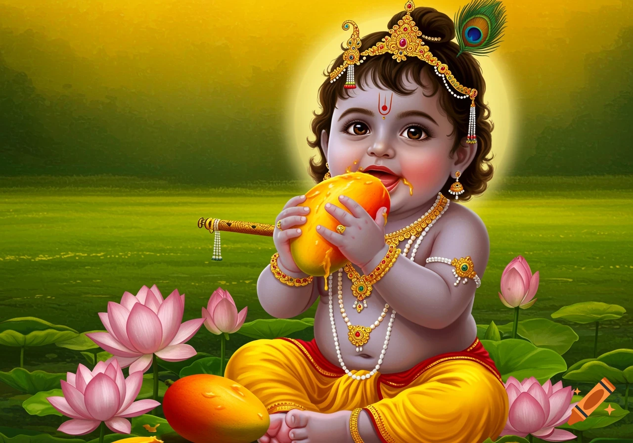 Baby Krishna eating a mango while sitting among pink lotus flowers
