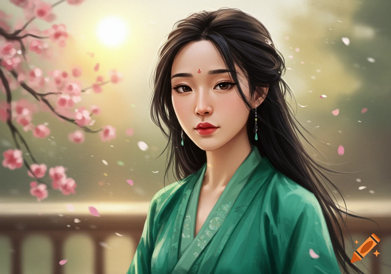 Woman in traditional green attire by cherry blossoms at sunset