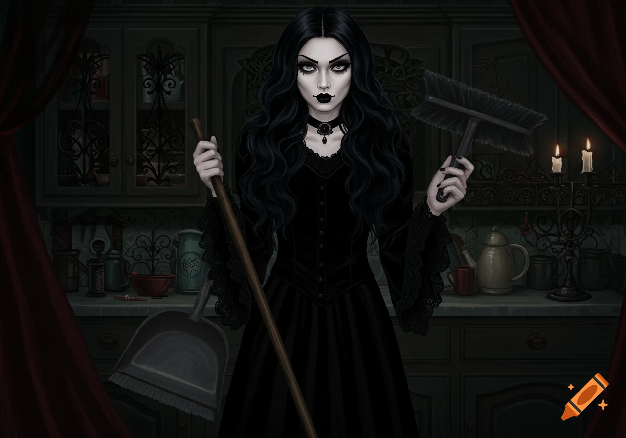 Goth woman holding a dustpan and brush in a dark kitchen